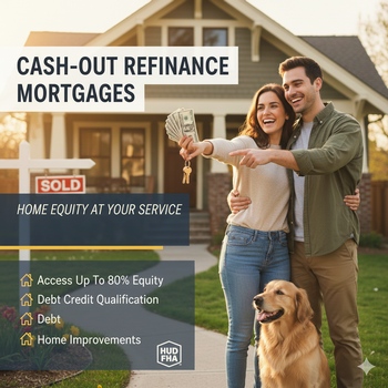 A family of three, including a dog, pointing to the benefits of cash-out refinance mortgage in a cheerful home environment.  