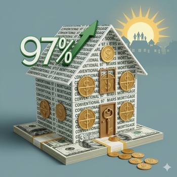 House with a money symbol and percentage sign, representing a conventional 97 mortgage option for homebuyers.