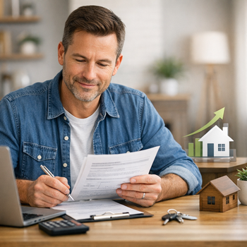 Man signing documents at home for the Home Possible refinance program, looking focused and organized.