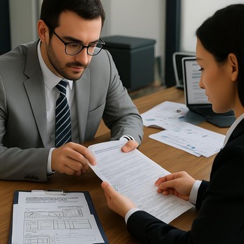 A loan officer reviewing the income of home buyer seeking a mortgage