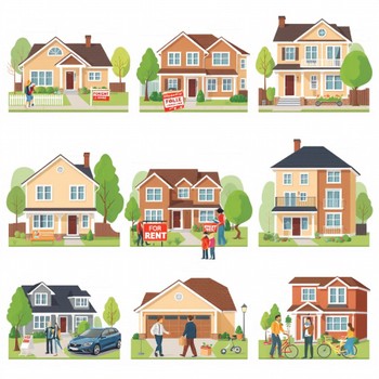 Real estate sales and marketing vector icons, including symbols for homes, keys, and market trends.  