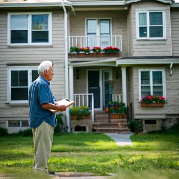 Older man with a clip board viewing an investment property that is for sale