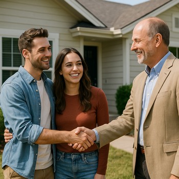 A man and woman are shaking hands outside a house, indicating a friendly or professional interaction.